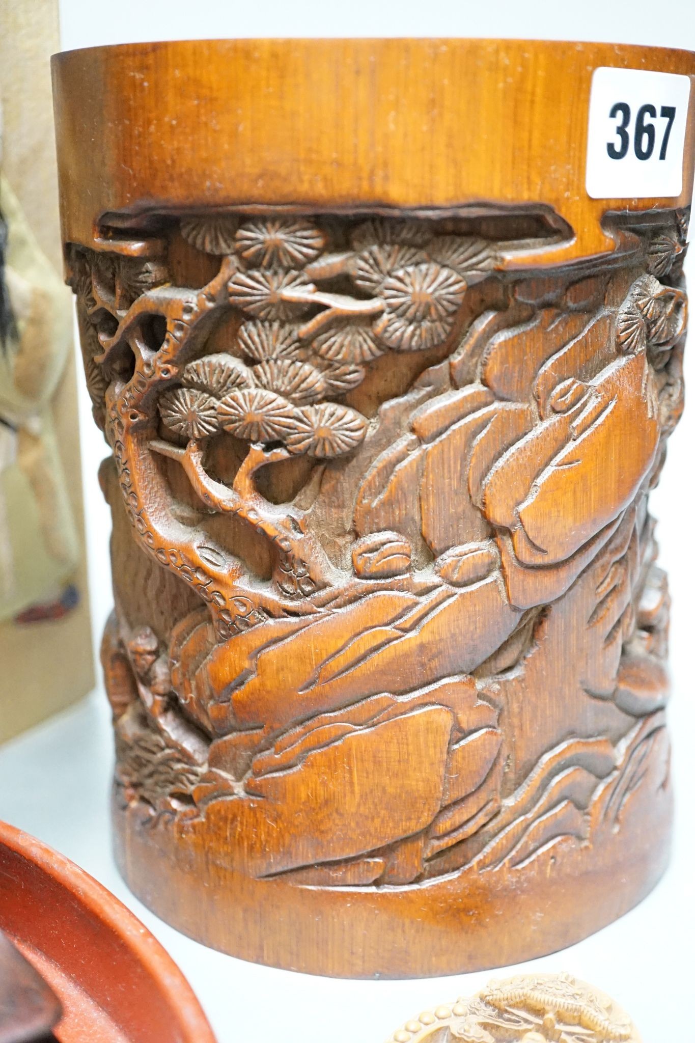 A Chinese applique work panel, a bamboo brushpot, 18cm, lacquer tray, inlaid boxwood table screen, covered box and two carvings